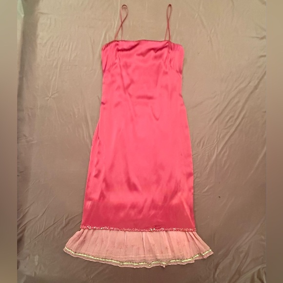 Vintage Y2K Pink Silk Midi Spaghetti Strap Dress with Ruffle Hem Size 4/Small - Picture 2 of 9